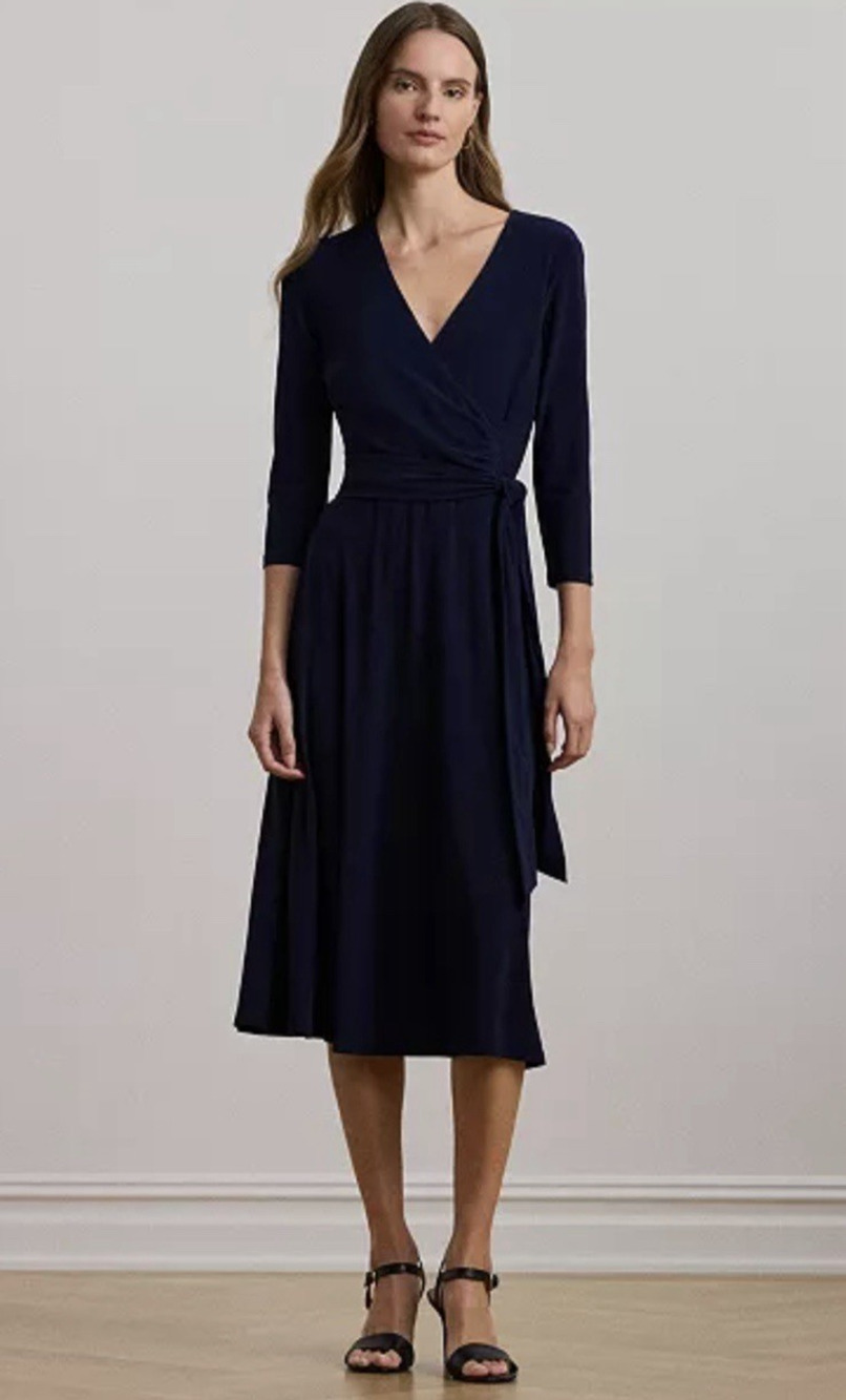 Lauren Ralph Lauren Women's Dress 8 NEW Navy Blue Surplice Jersey Stretch Midi
